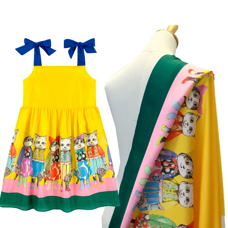 70x145 см, мультяшный Кот, принт, имитация шелка, атласная ткань для девушек, летнее платье, ткань, ткань, ファファファック ック DIY Ткань для шитья