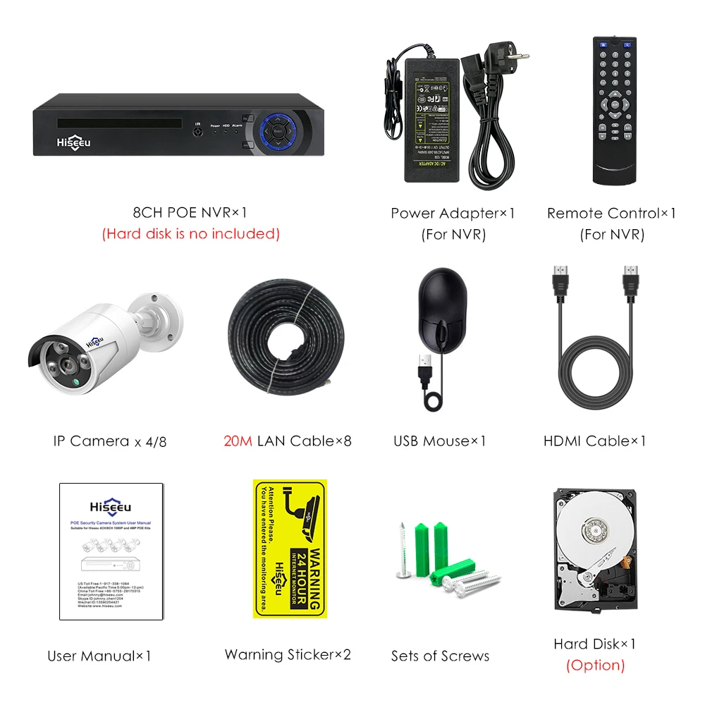 Hiseeu 8CH POE NVR комплект HD 1080P CCTV камера система 2MP уличная Водонепроницаемая ip-камера POE для домашней безопасности комплект видеонаблюдения