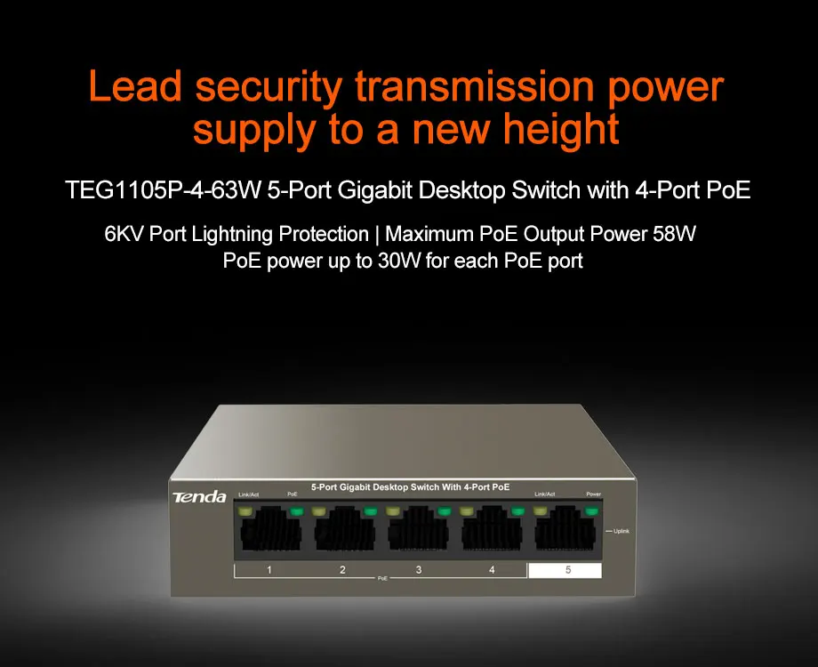 Tenda TEG1105P-4-63W переключатель 5-Порты и разъёмы гигабитный настольный коммутатор с 4 Порты и разъёмы PoE VLAN и является идеальным решением для передачи Мощность и данные для AP, IP Камера