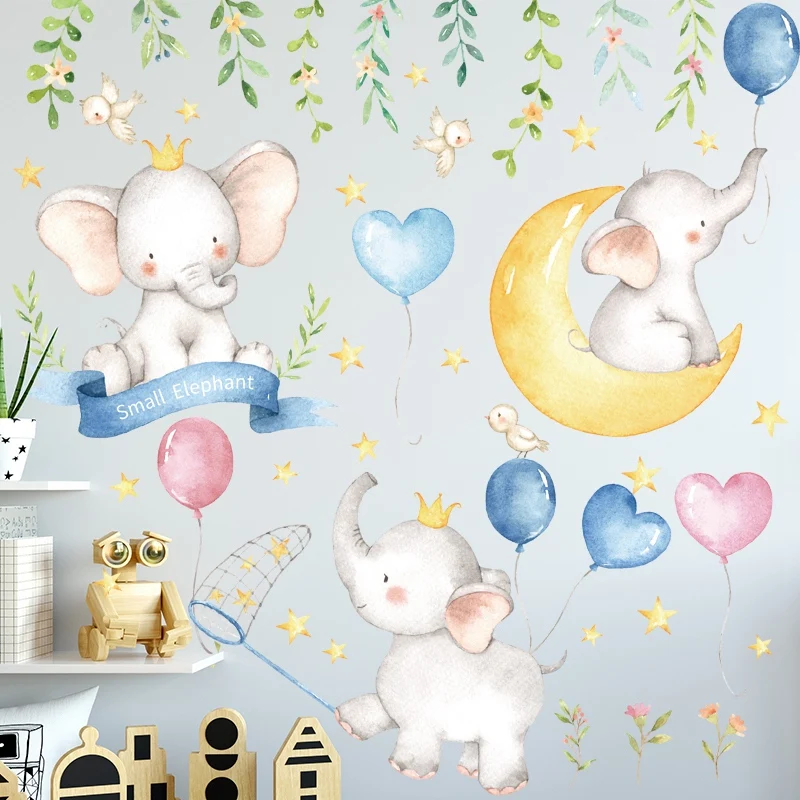 

Cartoon Small Elephant Moon Stars Wall Stickers Bedroom Kids Baby room Nursery Wall Home Decor Removable Wall Decals Art Murals