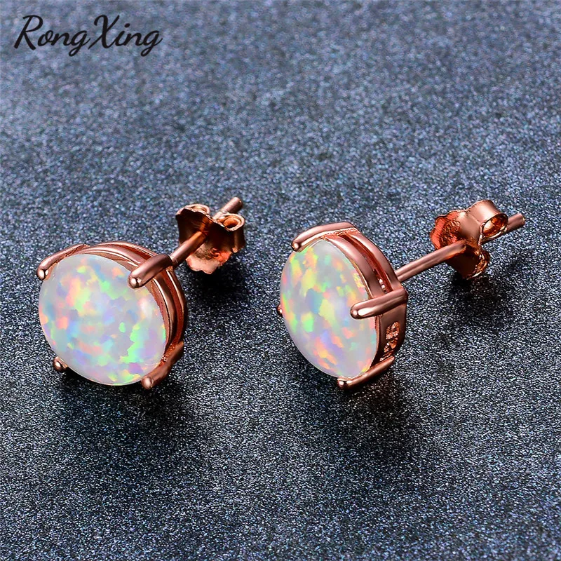 Круглые серьги гвоздики RongXing из розового золота с белым огненным опалом 6/8 мм для