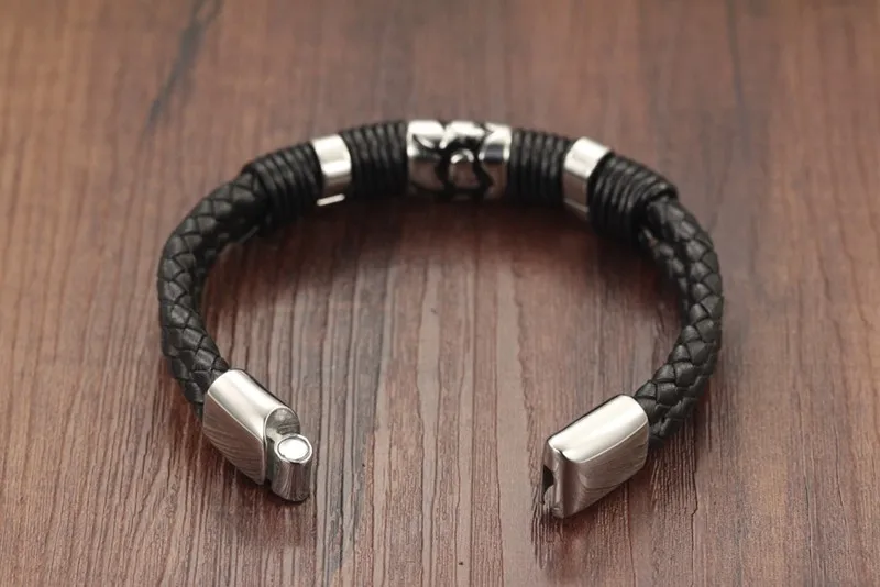 Mozo Мода Горячие Марка Винтаж Jewelry Для Мужчин's Браслеты черный кожаный веревку цепи Нержавеющая сталь Магнитной Застежкой Браслета mph944