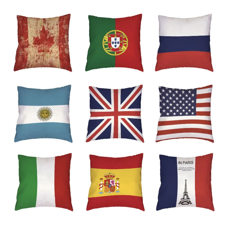 

Various National Flags White Throw Pillow Cases United Kingdom France Russia Decor Office Car Polyester Peach Skin Cushion Cover