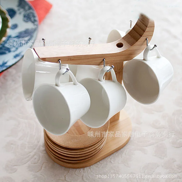 Fine white porcelain hanging espresso / coffee cup six sets of wooden bamboo dish feed |