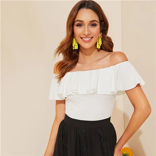 SHEIN элегантный белый Волан с открытыми плечами Приталенный топ Однотонная футболка женская летняя без рукавов основы тонкая футболка Топы - Цвет: Белый