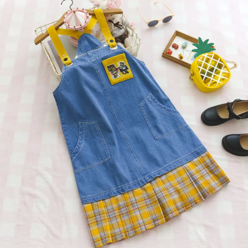 Женская джинсовая юбка без рукавов повседневная на бретельках с вышивкой