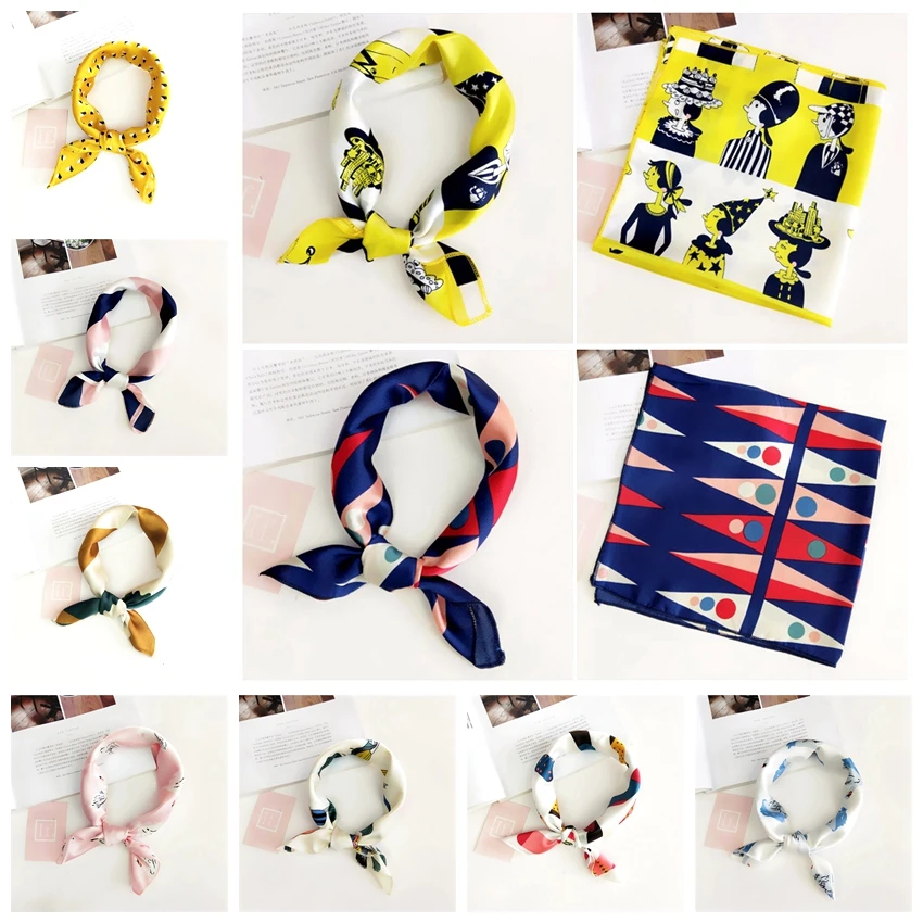 

Elegant Women Square Silk Head Neck Feel Satin Scarf Skinny Retro Neck Hair Band Hair Tie Band Small Fashion Square Lady scarfs