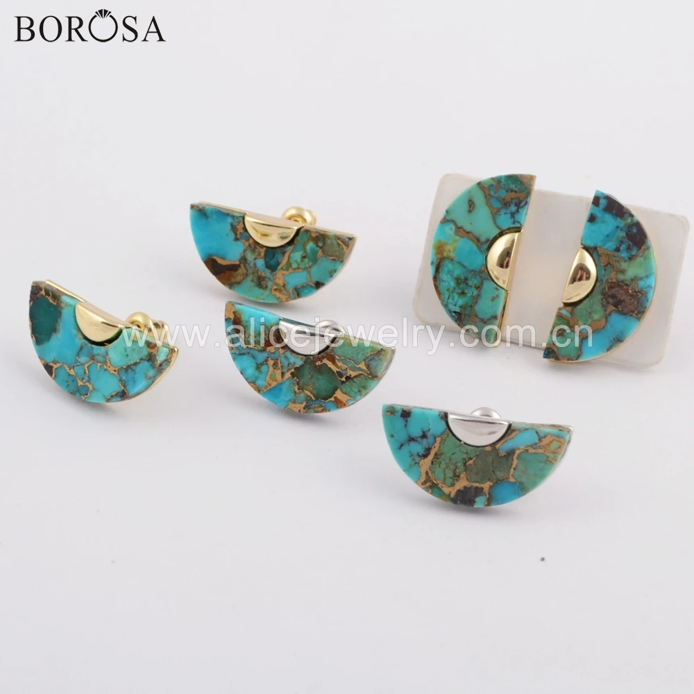 

BOROSA New Collection 5Pairs Semicircle Shape Gold/Silver Color Copper Natural Turquoises Stud Earrings Jewelry for Gilrs ZG0397