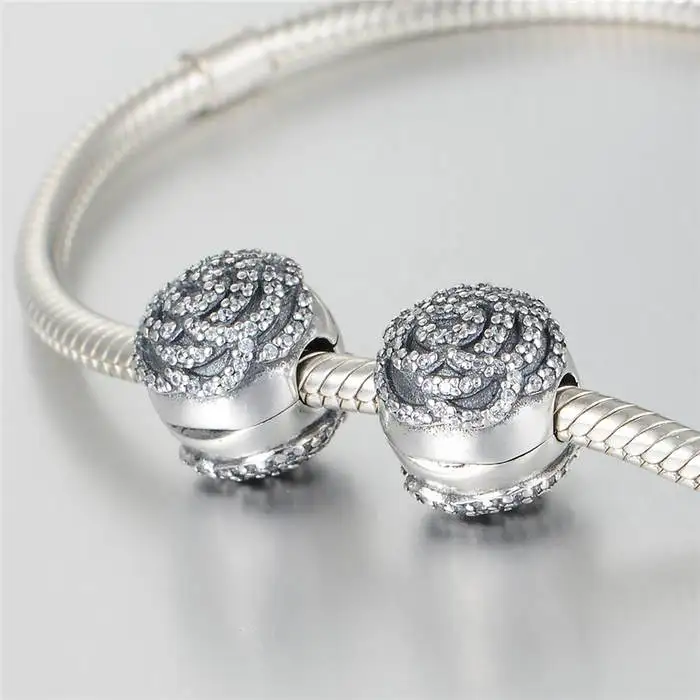 925-sterling-silver Pave CZ Mother's Day Rose Lock Clip Beads with AAA Cubic Zirconia Fits Pandora bracelets DIY Jewelry Making |