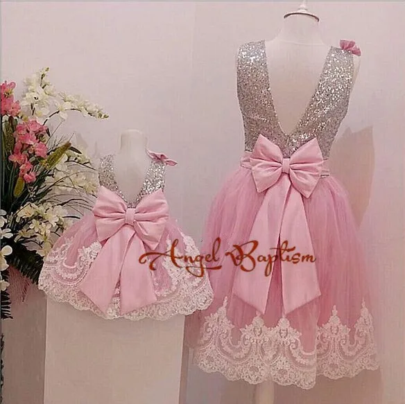 Розовое платье с открытой спиной для малышей Серебристые кружевные фатиновые