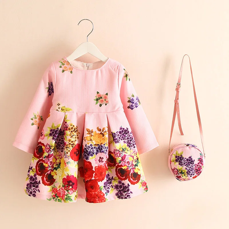 pink flower Розничная ; милое Повседневное платье с длинными рукавами и сумочкой для маленьких детей; элегантные вечерние платья в Западном и европейском стиле для девочек на День рождения; 90-130 - Цвет: pink flower