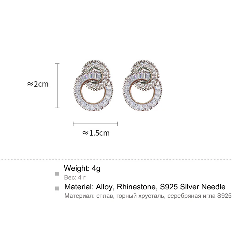 

Korean Fashion Double Round Circle Micro Paved CZ Stone Earring Women Girls White Zircon Stud Earrings S925 Needle L4E714