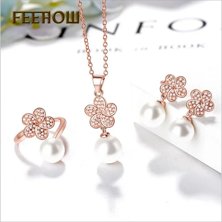 FEEHOW новый модный Искусственный Жемчуг Цветок Красивое Ожерелье Серьги Кольца