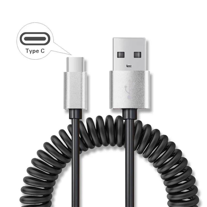 USB кабель с пружинным разъемом type-C для Xiaomi mi Max 3 Pro/Black Shark 2/Black Shark/Red mi Note 7 Pro Note 7, индийский металлический кабель для быстрой зарядки - Цвет: Серебристый