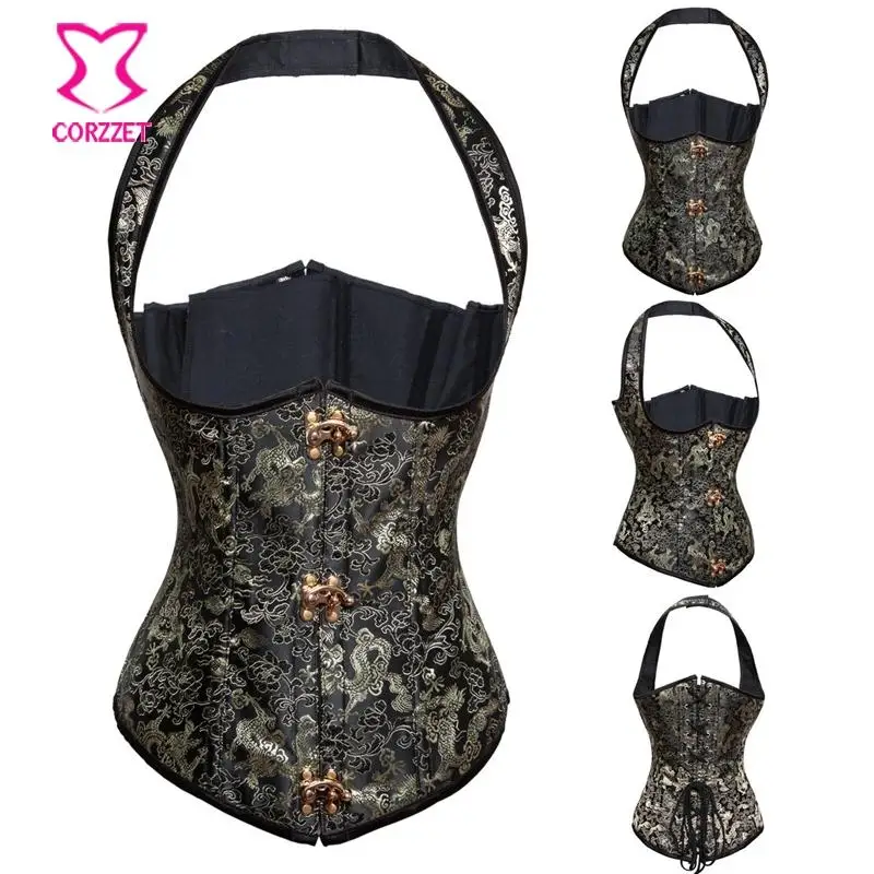 

Black / Gold Dragon Embroidery Halter Steampunk Steel Boned Corset Underbust Vest Gothic Clothing Espartilhos E Corpetes Sexy