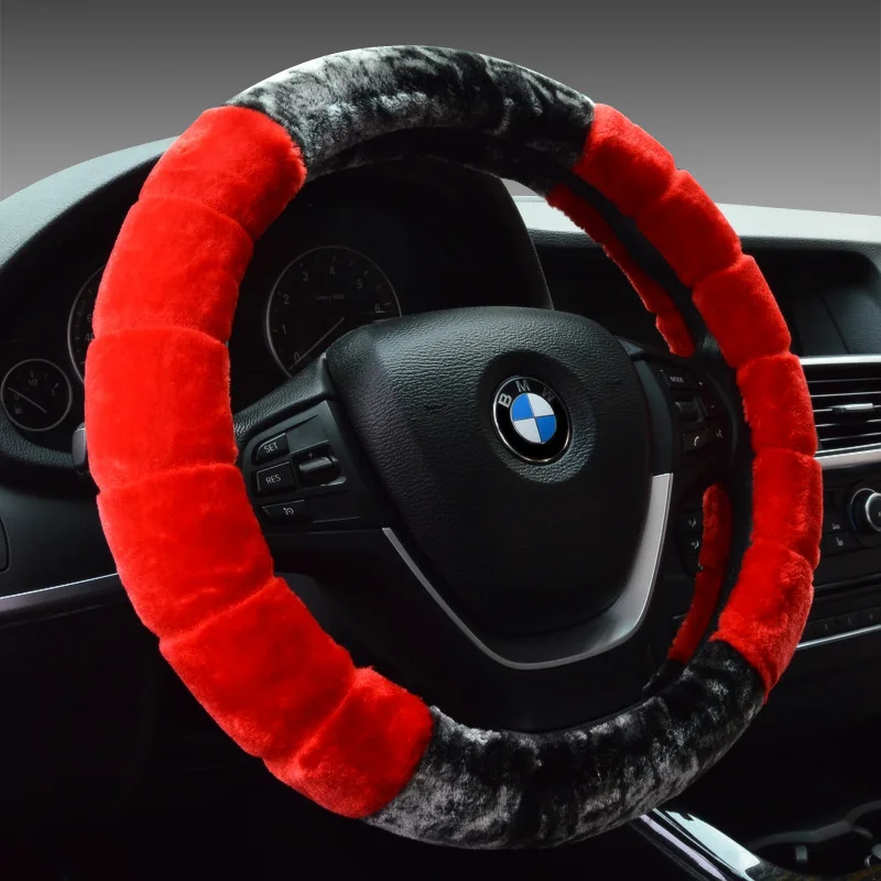 Red Чехол для руля зимний теплый чехол рулевого колеса автомобиля экологичный спортивный чехол диаметр колеса 38 см плюшевый материал - Название цвета: Red