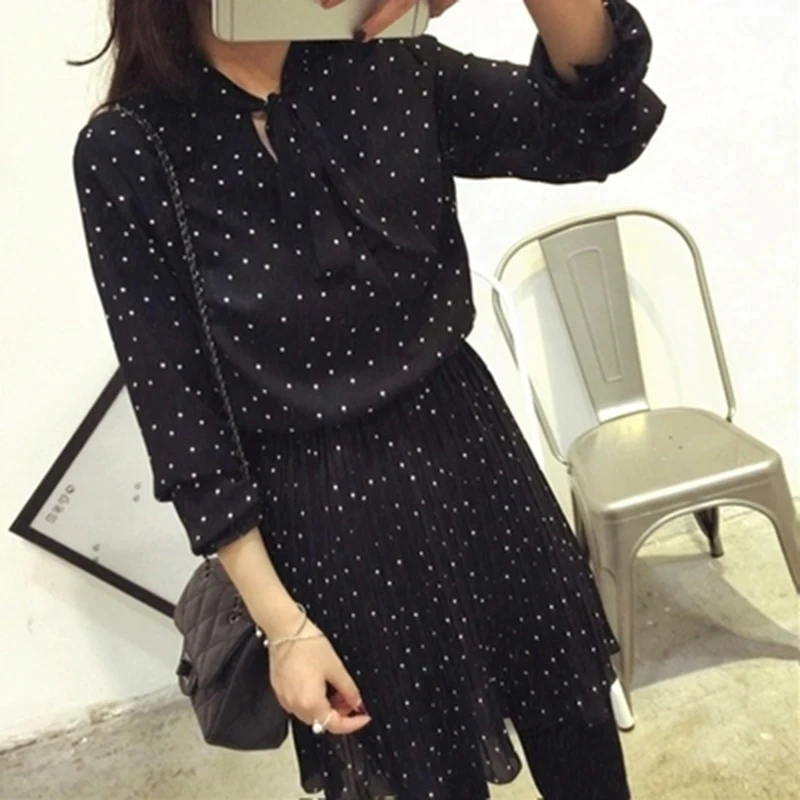 Женское шифоновое платье в горошек размера плюс повседневное свободное черного