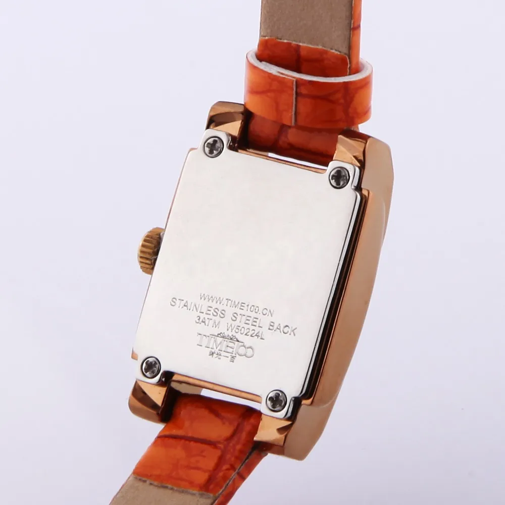 TIME100 элегантные женские часы кварцевые оранжаные кожаный ремешок модные