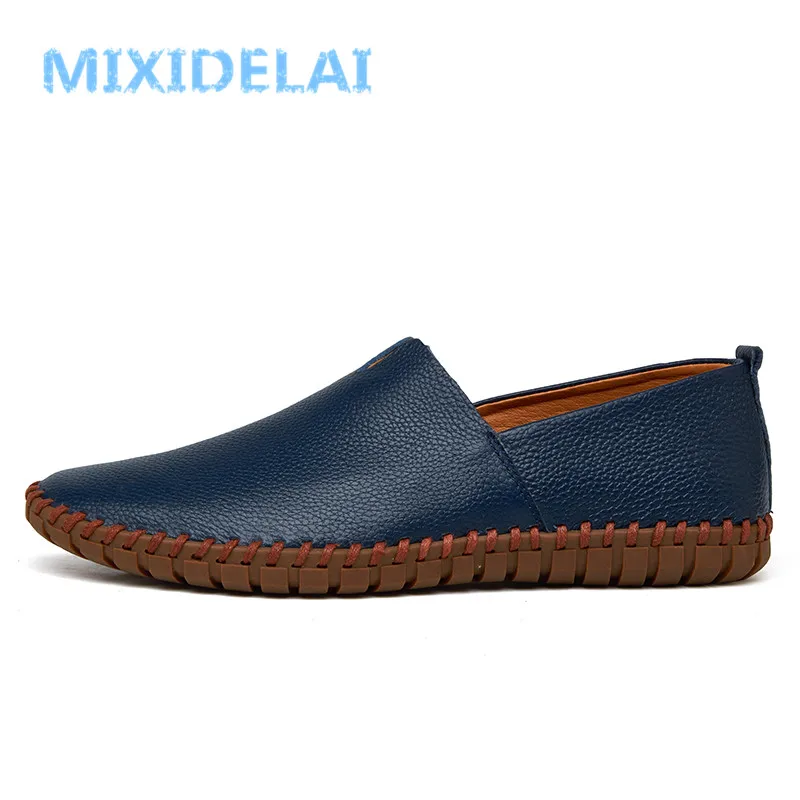 MIXIDELAI Genuine Cow Leather Mens Loafers Fashion Handmade Moccasins Soft Blue Slip On Men's Boat Shoe PLUS SIZE 38~48 | Обувь