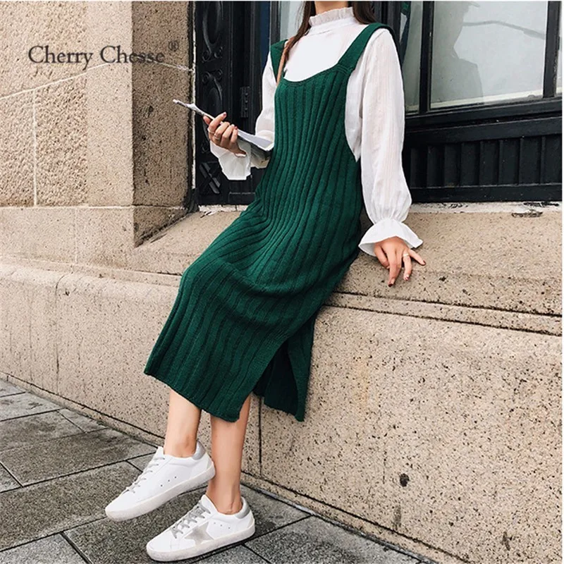 Cherry вое женское трикотажное платье в Харадзюку однотонным ремешком и разрезом до