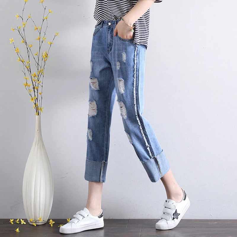 Женские рваные джинсы брюки свободные повседневные для мальчиков и девочек