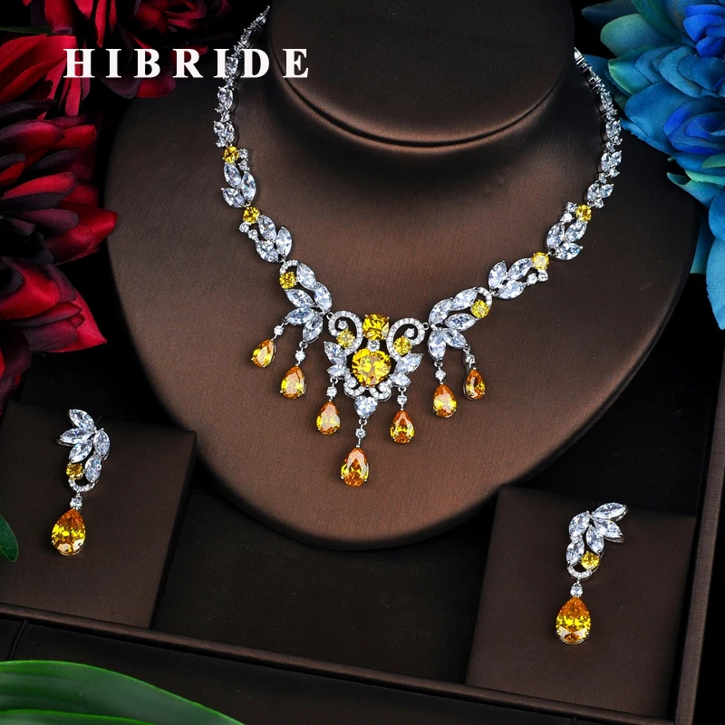 

HIBRIDE Classic Flower Pendents Yellow Cubic Zircon Women Dubai Bridal Jewelry Sets Wedding Necklace Accessories Bijoux N-525