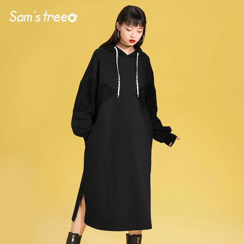 Черное однотонное женское платье с разрезом и завязками на капюшоне Sam's Tree, осень, повседневное цельное офисное женское платье с длинным рукавом
