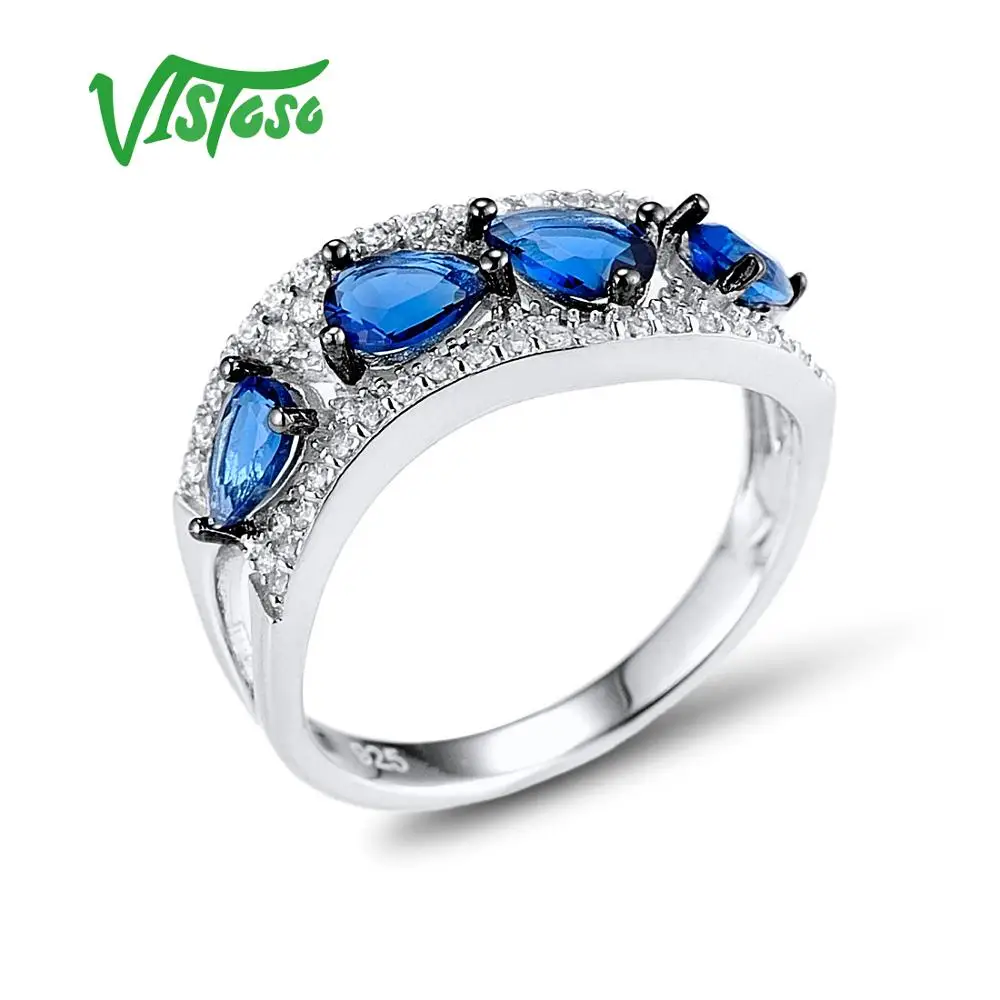 VISTOSO серебряное кольцо для женщин 925 пробы серебряные кольца с синим кристаллом