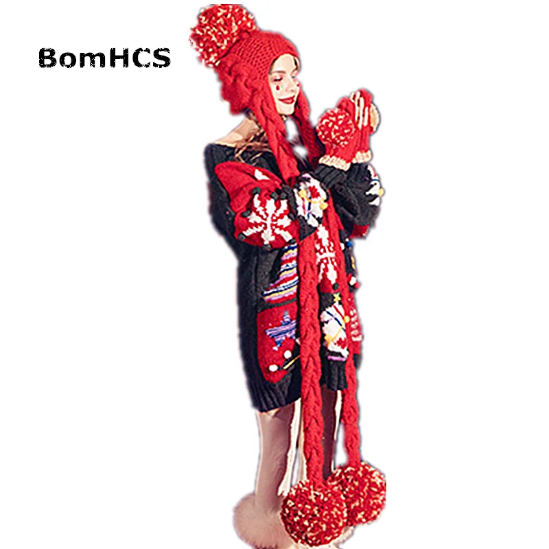 BomHCS Cute Big Pompoms (2PCS)Scarf with Beanie +Gloves 100% Handmade Knitted Hat Neckerchief Mittens