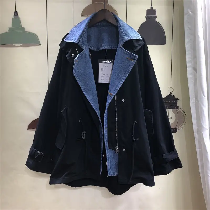 Plus Size Jacket Female Korean Style 2019 New Spring Fashion Casual Cotton Women Denim Splice Zipper Clothing f1165 | Женская одежда