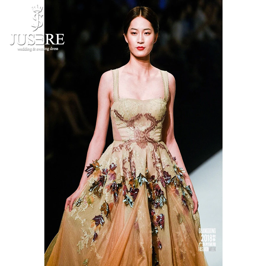 Jusere A line Champagne Spaghetti Strap Formal Dress Leaves Ombre Appliques Party Gown 3D Flowers Lace Long Evening Dress
