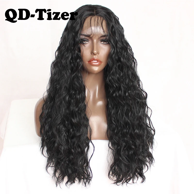 QD Tizer черный парик свободный кудрявый фронта шнурка бесклеевой с волосами