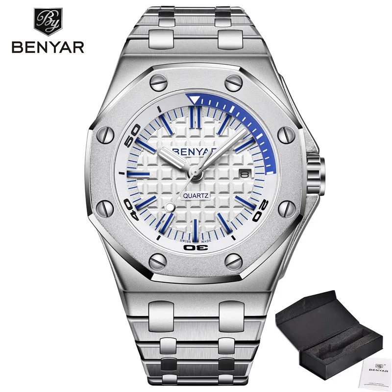 5123-Silver white Benyar мужские часы Топ люксовый бренд военные Reloj Hombre Стальные кварцевые часы водонепроницаемые спортивные наручные часы повседневные Montre Homme - Цвет: 5123-Silver white