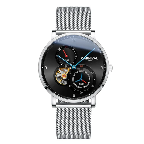 Black silver C8026 Карнавальные ультратонкие турбийон Авто механические часы для мужчин люксовый бренд полностью стальные водонепроницаемые мужские часы relogio kol saati - Цвет: Black silver C8026