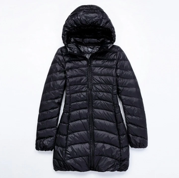 Женский пуховик на 90% белом утином пуху женское длинное пальто с капюшоном ультра