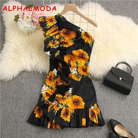 black sunflower ALPHALMODA, весна, женские стильные вечерние платья, на одно плечо, с оборками, с цветочным рисунком, очаровательные, тянущиеся, Vestidos, облегающее, мини, летнее платье - Цвет: black sunflower