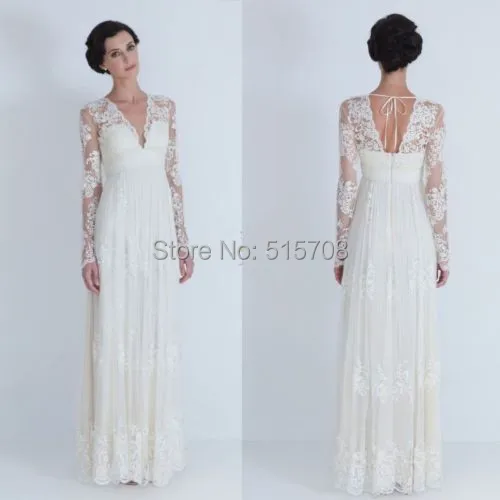 

Custom Size Beach Bridal Gown White Ivory Lace A line Long Sleeve Deep V Neck Floor Length Beach Wedding Dress