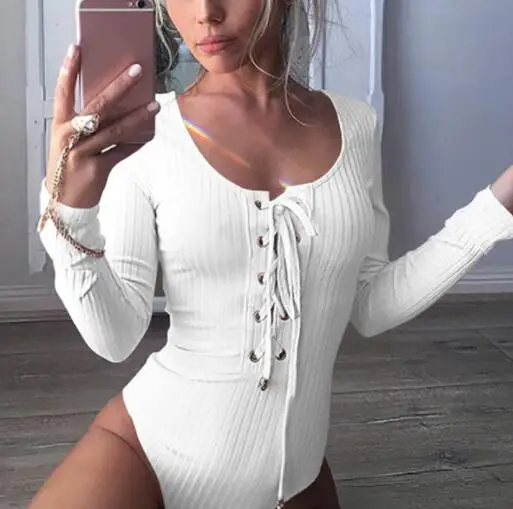 white Боди для женщин с длинным рукавом бандажный однотонный повседневный комбинезон с круглым вырезом розовый женский боди размера плюс 5xl - Цвет: white