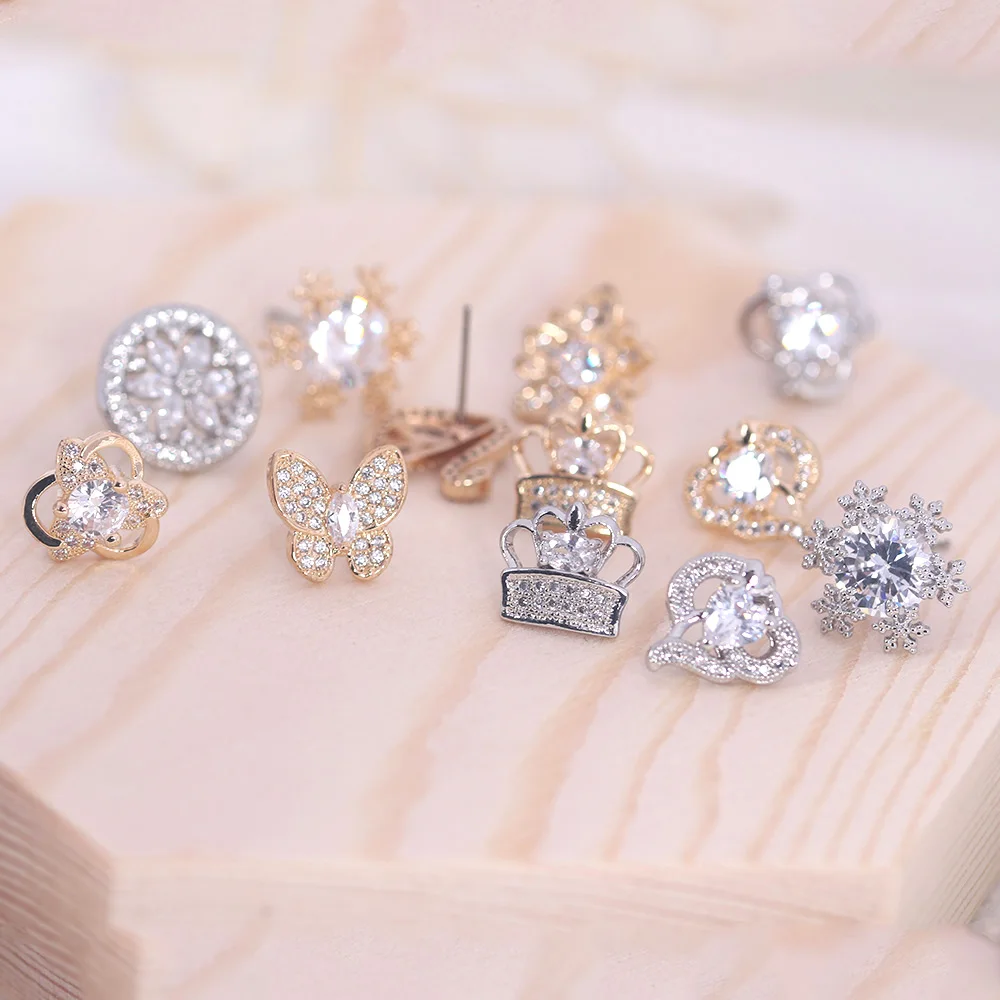 

Multiple Exquisite Cubic Zirconia Stud Earrings Flower Leaf Snowflake Rabbit Hola Butterfly Crown Earrings For Women Girls