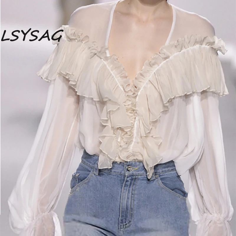 LSYSAG 2018 Vogue шифон женская сексуальная воланом топы с v-образным вырезом кружева
