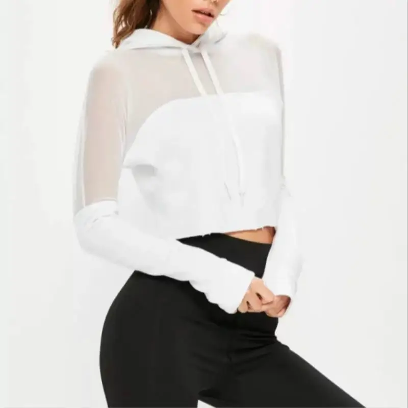 2018 Women Autumn Winter Sexy Perspective Mesh Stitching Short Paragraph Umbilical Hooded Sweatershirt Hoodies | Женская одежда