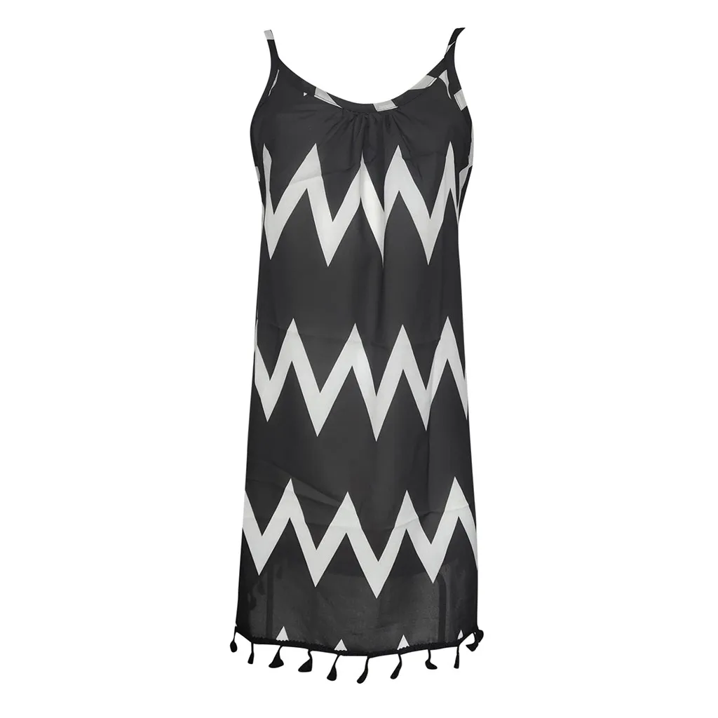 

2021 Summer Women Chiffon Mini Dress Bohemia Sexy Wave Pattern Tassel Strap O-Neck Sleeveless Backless Boho Holiday Dress