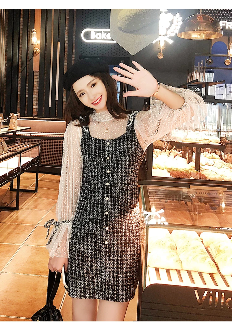 Two Pieces Set Mesh Tops Spaghetti Strap Dress Sexy Lantern Sleeve Mini Vest Dresses Ladies Fashion Elegant Party Dress New