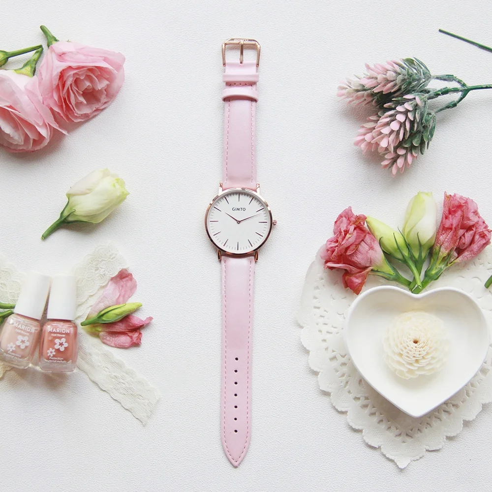 GIMTO модные розовые женские часы ультра тонкие золотые кожаные водонепроницаемые