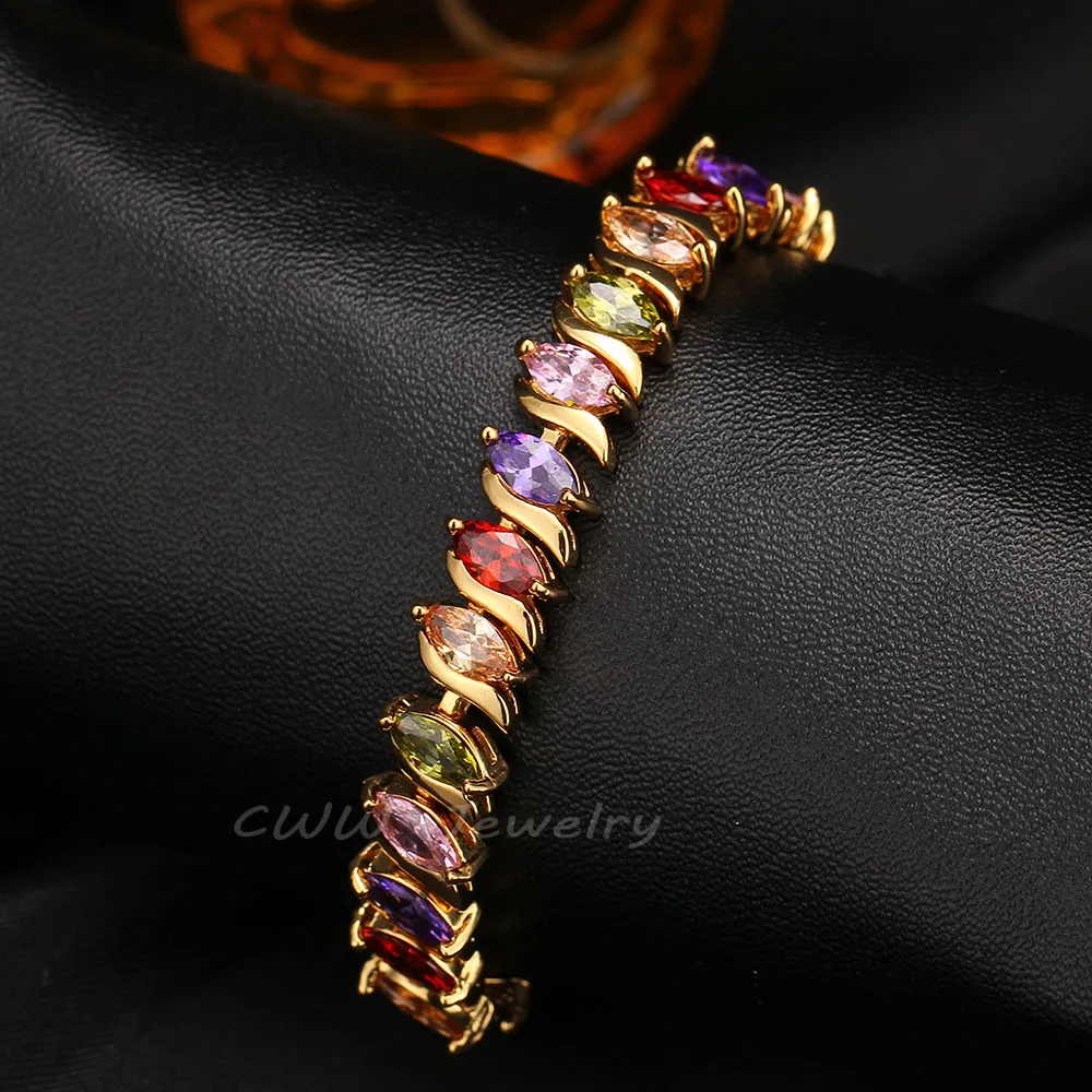 CWWZircons Top Quality Oval Shape Crystals Paved Yellow Gold Color Women Tennis Bracelets With Multi Colored Zircon Stone CB168|tennis