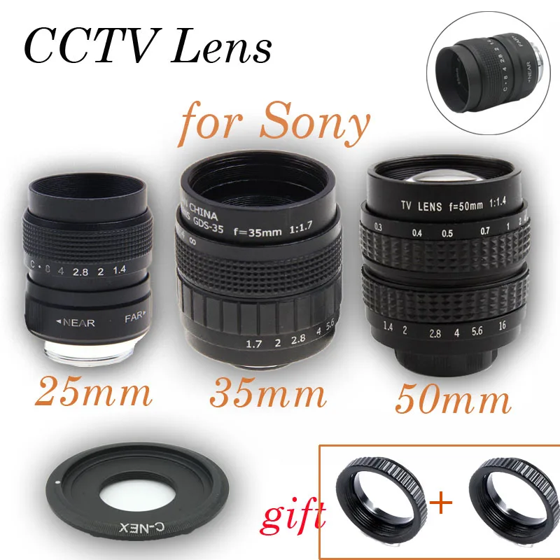 3в1 25 мм 35 50 CCTV F1.4 TV Movie lens + C Mount Kit для Sony NEX E 6 5R F3 A6000 A6300 5100 A3000|cctv 50mm|c mountcctv 35mm |
