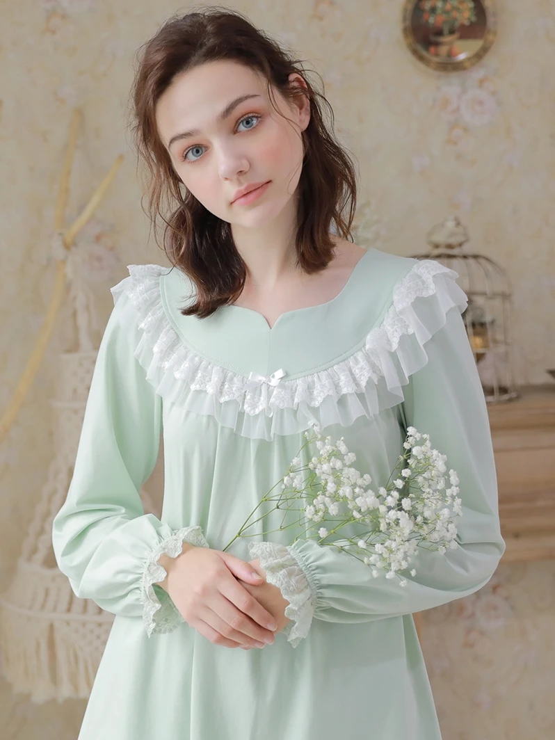 Винтаж Раффлед пижамный комплект светло зеленый Хлопковая пижама Femme осень