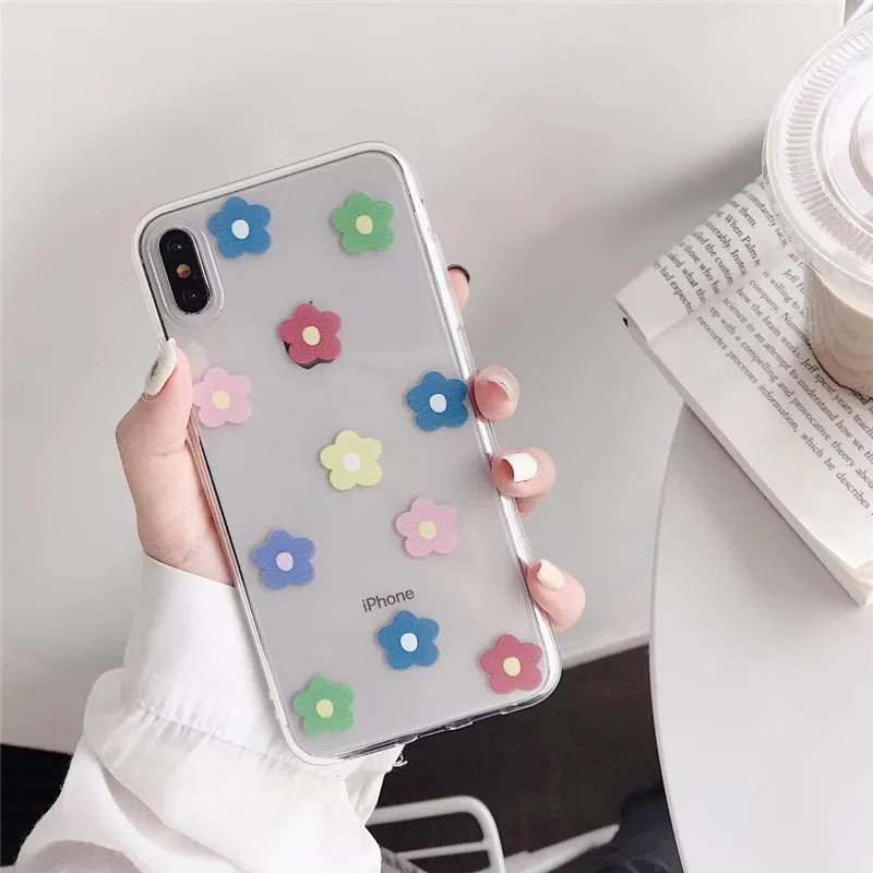 DISCASE Fresh Colored Flowers Phone Case For iphone 8 7 6 6s plus XS MAX XR X Transparent TPU Soft Shell Back Cover | Мобильные