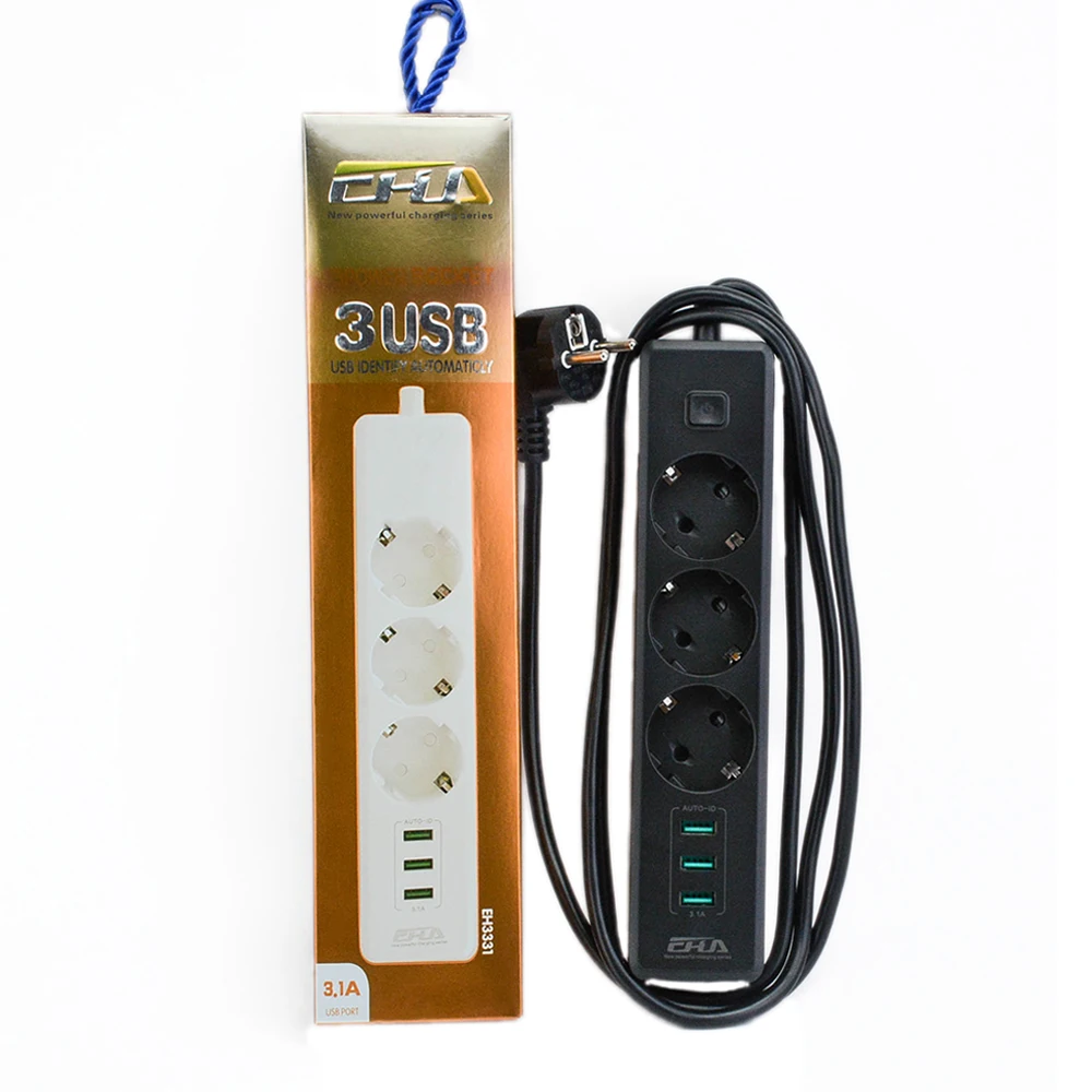 Черный 3 ЕС удлинитель штекер розетки с USB Зарядное устройство 250 В 10A 1 8 м адаптер