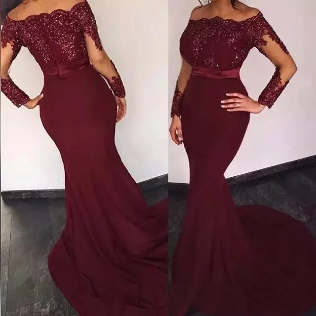 Burgundy Бордовые красные вечерние платья Русалка с вырезом лодочкой vestidos largos с аппликацией из пайеток вечерние платья с длинным рукавом - Цвет: Burgundy